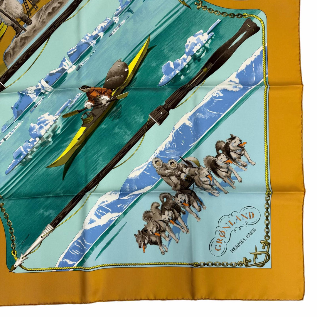 極美品☆HERMES エルメス カレ90 GRONLAND グリーンランド シルク100％ スカーフ イエロー系 フランス製 レディース 箱付き