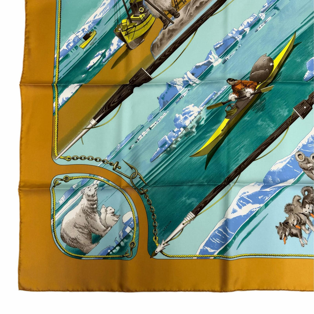 極美品☆HERMES エルメス カレ90 GRONLAND グリーンランド シルク100％ スカーフ イエロー系 フランス製 レディース 箱付き