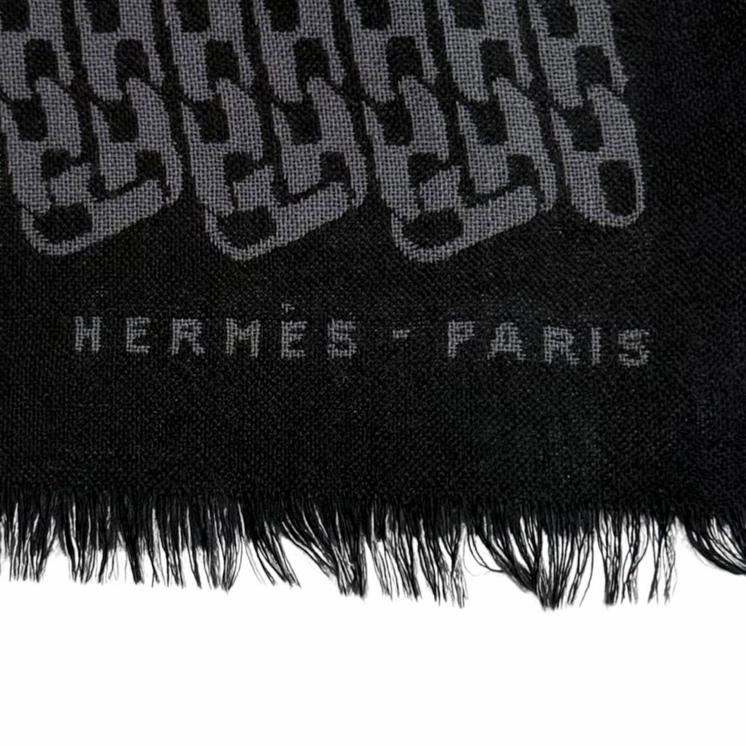 極美品★HERMES エルメス カシミヤ シルク混 ロゴ入り チェーン柄 フリンジ付 ストール ブラック グレー イングランド製 正規品 箱付き
