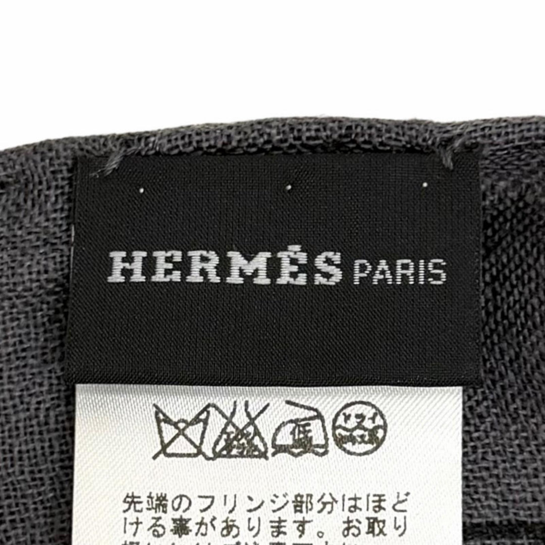 極美品★HERMES エルメス カシミヤ シルク混 ロゴ入り チェーン柄 フリンジ付 ストール ブラック グレー イングランド製 正規品 箱付き