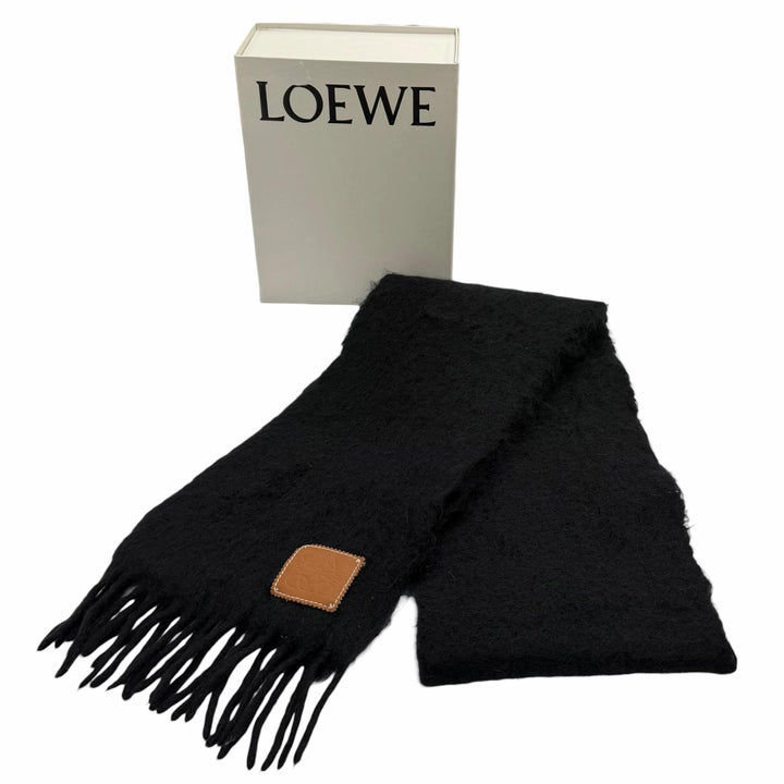 美品★LOEWE ロエベ モヘア ウール混 レザーアナグラムパッチ付 フリンジ マフラー ブラック スペイン製 正規品 レディース