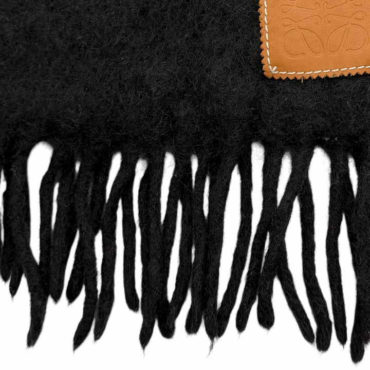 美品★LOEWE ロエベ モヘア ウール混 レザーアナグラムパッチ付 フリンジ マフラー ブラック スペイン製 正規品 レディース