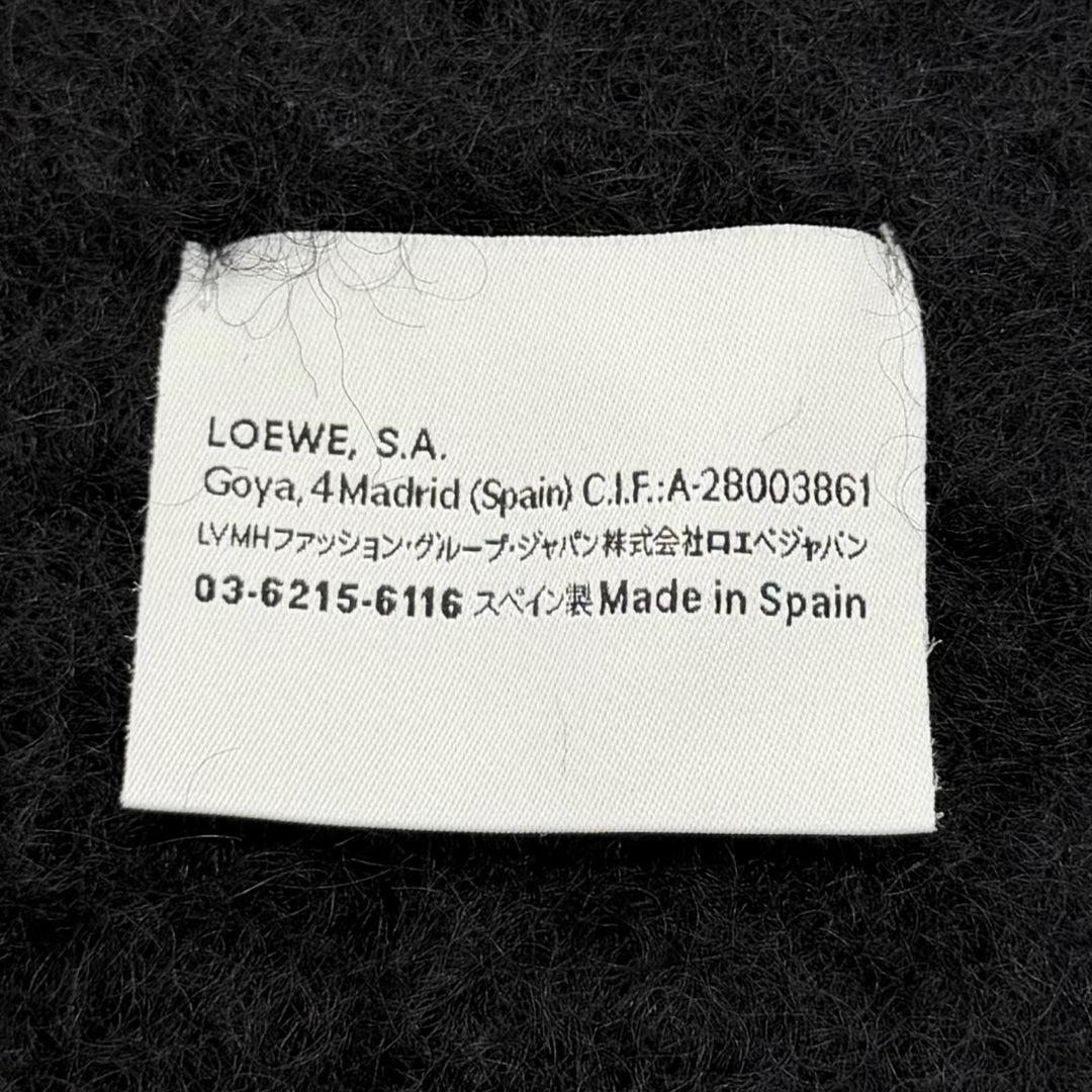 美品★LOEWE ロエベ モヘア ウール混 レザーアナグラムパッチ付 フリンジ マフラー ブラック スペイン製 正規品 レディース