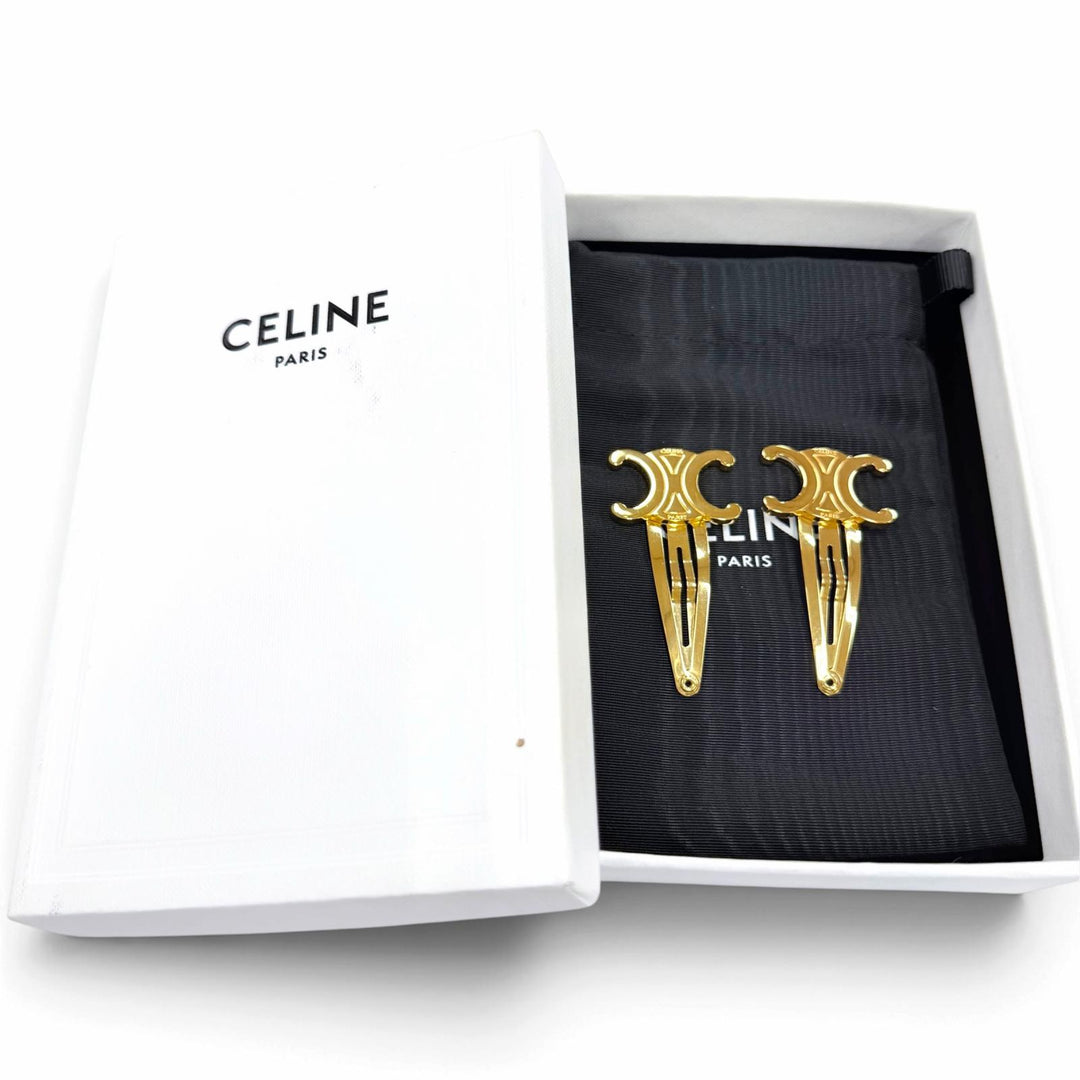 美品☆CELINE セリーヌ 46Z656BSL スナップ ヘアクリップ 2つセット メタル トリオンフ ヘアアクセサリー ゴールド イタリア製 箱・袋付
