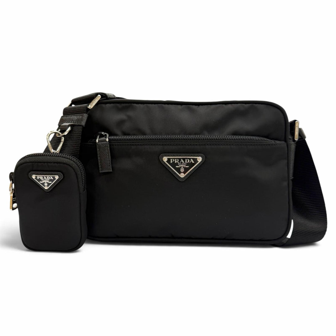 美品▼PRADA プラダ 1BC167 ナイロン レザー Re-Nylon トライアングルロゴ 三角プレート ショルダーバッグ ブラック イタリア製 メンズ