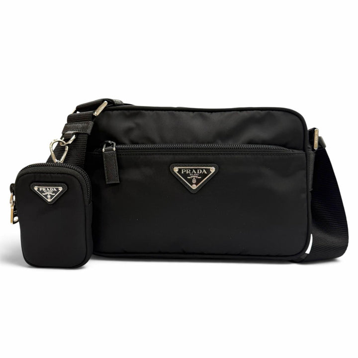 美品▼PRADA プラダ 1BC167 ナイロン レザー Re-Nylon トライアングルロゴ 三角プレート ショルダーバッグ ブラック イタリア製 メンズ