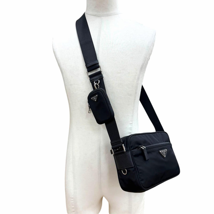 美品▼PRADA プラダ 1BC167 ナイロン レザー Re-Nylon トライアングルロゴ 三角プレート ショルダーバッグ ブラック イタリア製 メンズ