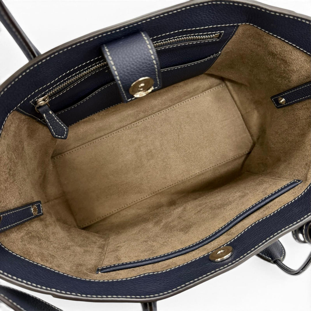 美品☆BONAVENTURA ボナベンチュラ ミア 27 シュリンクレザー 2WAYショルダーバッグ トートバッグ ネイビー イタリア製 レディース