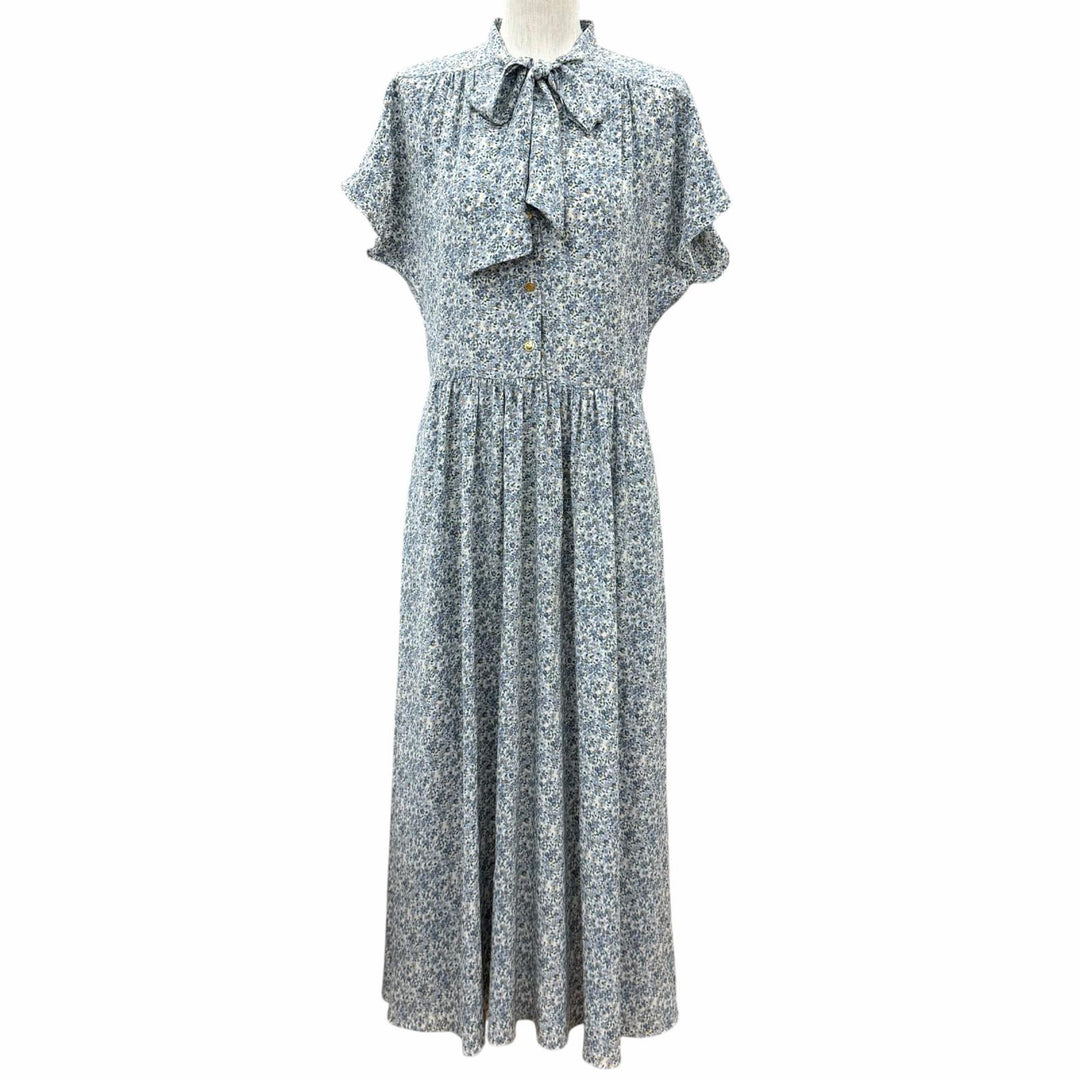 美品★CELINE セリーヌ 2R47B307O シルク100％ トリオンフボタン ボウタイ 花柄 ワンピース ライトブルー FR 38 フランス製 正規品
