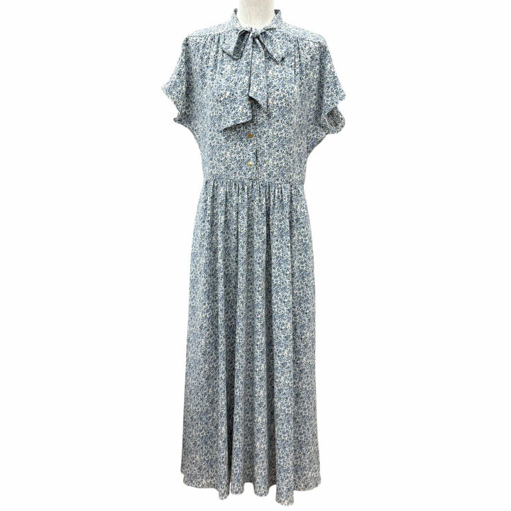美品★CELINE セリーヌ 2R47B307O シルク100％ トリオンフボタン ボウタイ 花柄 ワンピース ライトブルー FR 38 フランス製 正規品