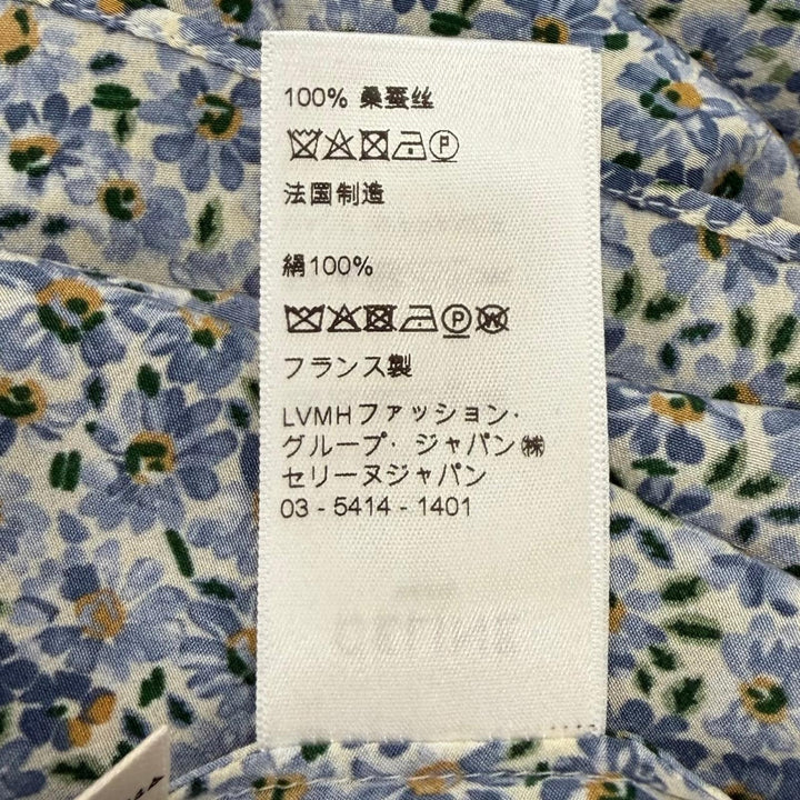 美品★CELINE セリーヌ 2R47B307O シルク100％ トリオンフボタン ボウタイ 花柄 ワンピース ライトブルー FR 38 フランス製 正規品