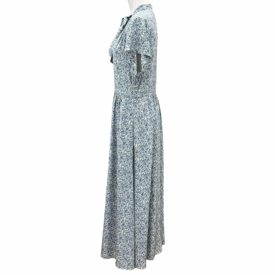 美品★CELINE セリーヌ 2R47B307O シルク100％ トリオンフボタン ボウタイ 花柄 ワンピース ライトブルー FR 38 フランス製 正規品