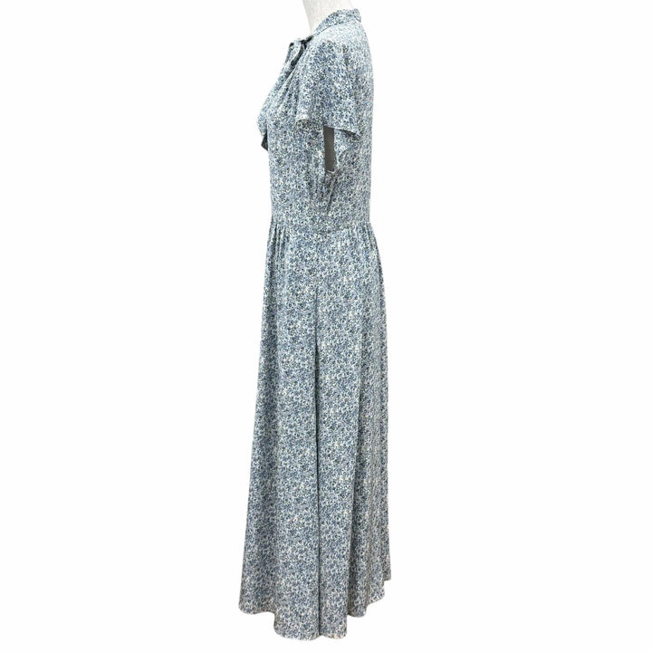 美品★CELINE セリーヌ 2R47B307O シルク100％ トリオンフボタン ボウタイ 花柄 ワンピース ライトブルー FR 38 フランス製 正規品