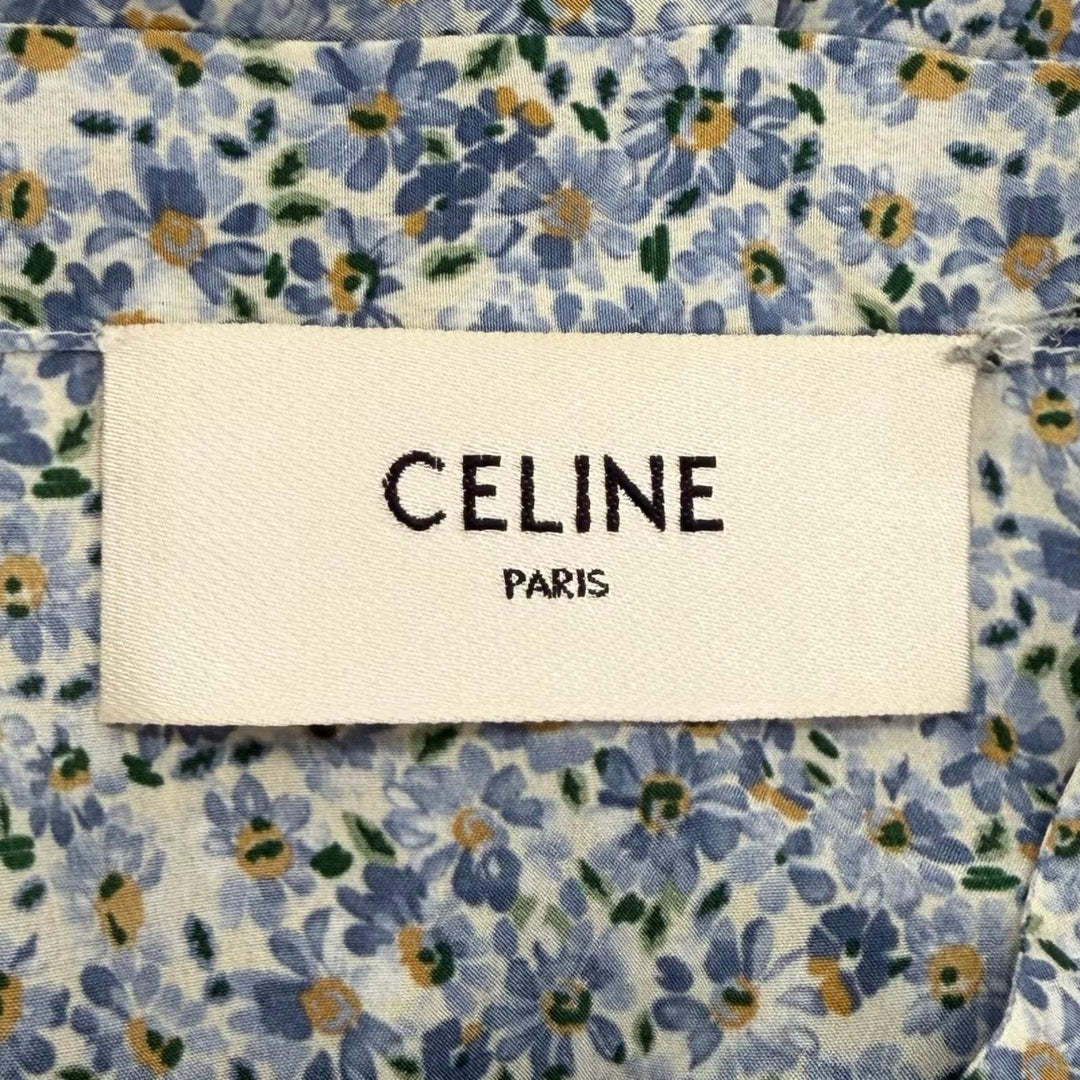 美品★CELINE セリーヌ 2R47B307O シルク100％ トリオンフボタン ボウタイ 花柄 ワンピース ライトブルー FR 38 フランス製 正規品