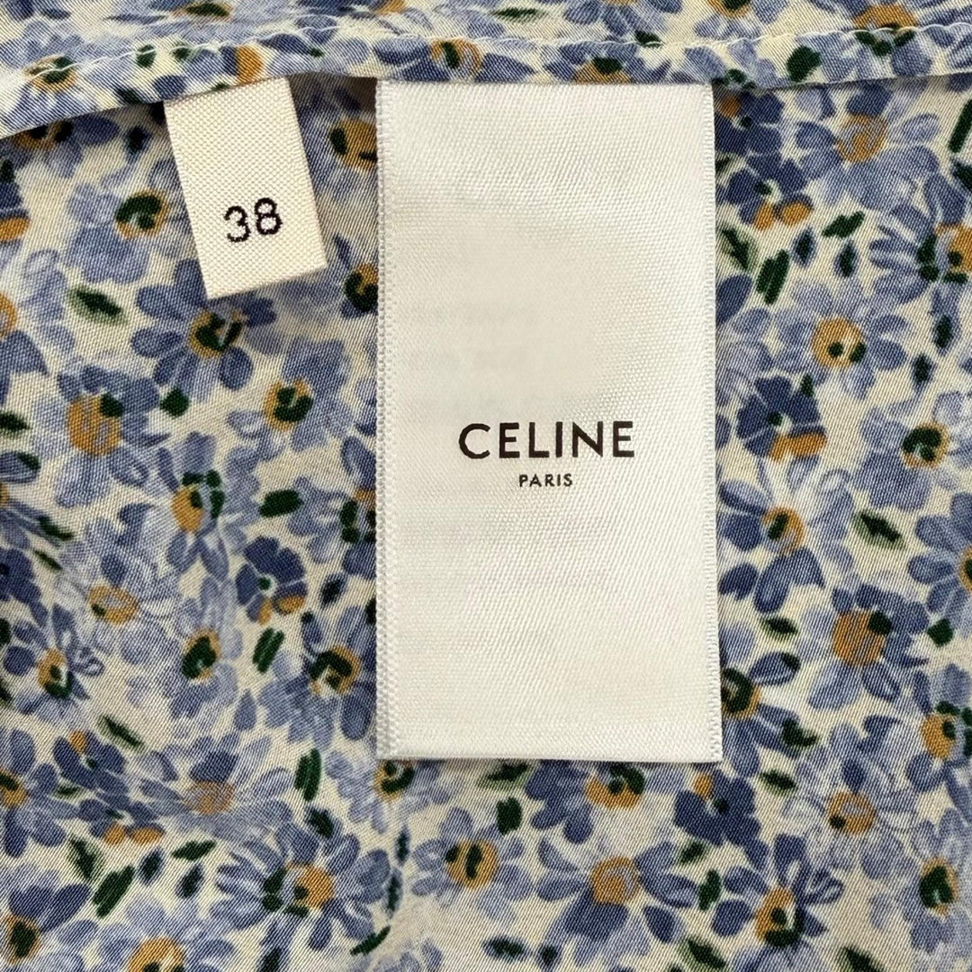 美品★CELINE セリーヌ 2R47B307O シルク100％ トリオンフボタン ボウタイ 花柄 ワンピース ライトブルー FR 38 フランス製 正規品