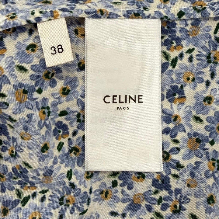 美品★CELINE セリーヌ 2R47B307O シルク100％ トリオンフボタン ボウタイ 花柄 ワンピース ライトブルー FR 38 フランス製 正規品