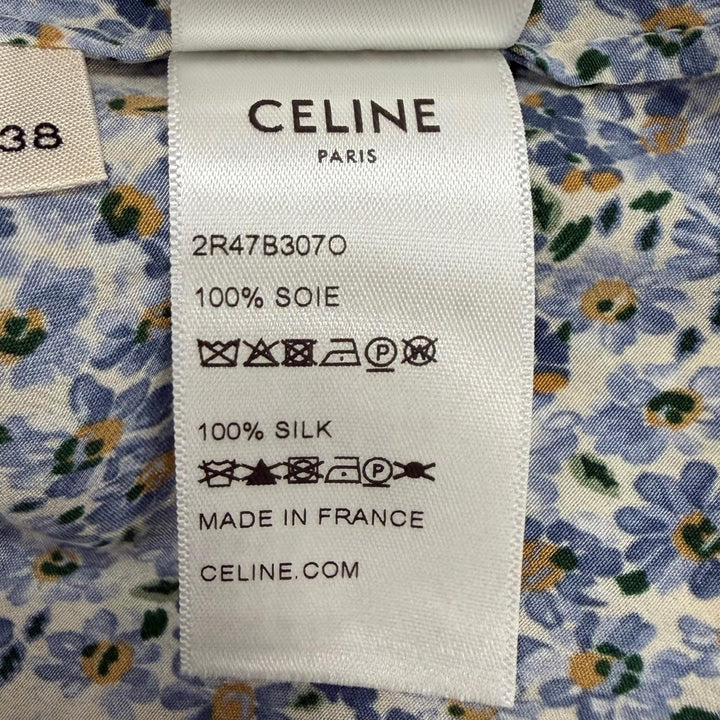 美品★CELINE セリーヌ 2R47B307O シルク100％ トリオンフボタン ボウタイ 花柄 ワンピース ライトブルー FR 38 フランス製 正規品