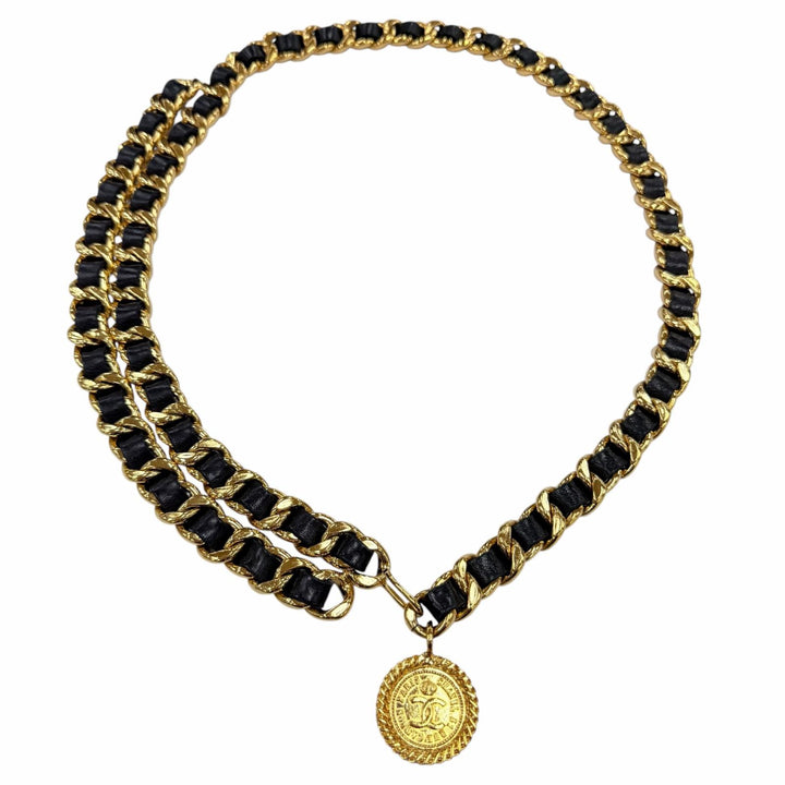 美品☆CHANEL シャネル ヴィンテージ 31 RUE CAMBON ココマーク コインモチーフ レザー使い 2連 チェーン ベルト ゴールド ブラック