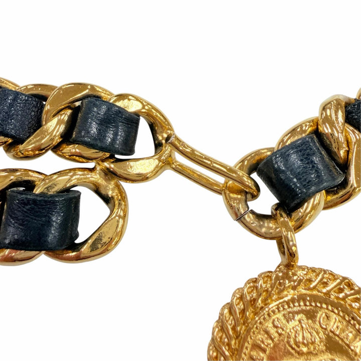 美品☆CHANEL シャネル ヴィンテージ 31 RUE CAMBON ココマーク コインモチーフ レザー使い 2連 チェーン ベルト ゴールド ブラック