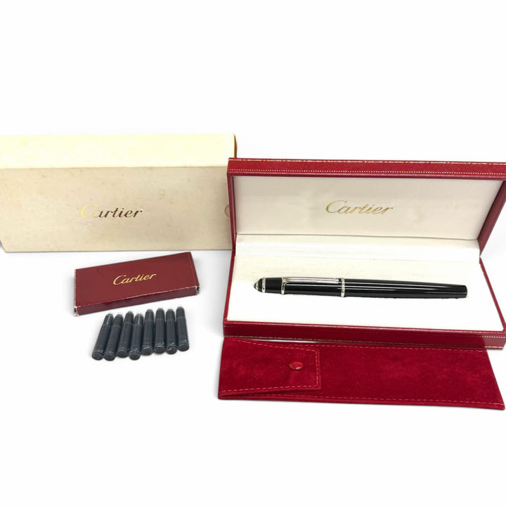 極美品□Cartier カルティエ ディアボロ ドゥ カルティエ ペン先18K Mニブ キャップ式 万年筆 ブラック シルバー フランス製 メンズ