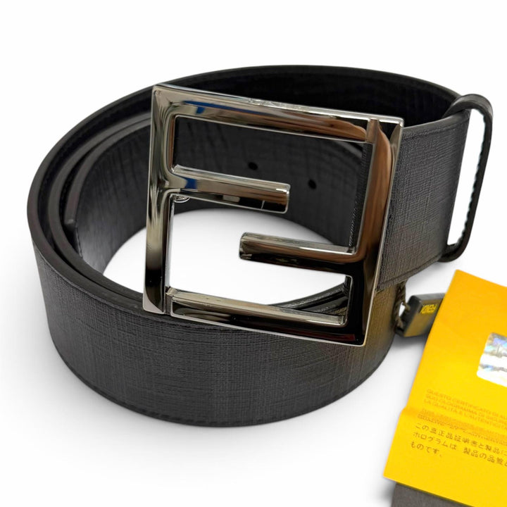 極美品□FENDI フェンディ レザー ズッカ柄 FFロゴバックル ベルト ブラック ガンメタリック金具 イタリア製 メンズ 保存袋付き