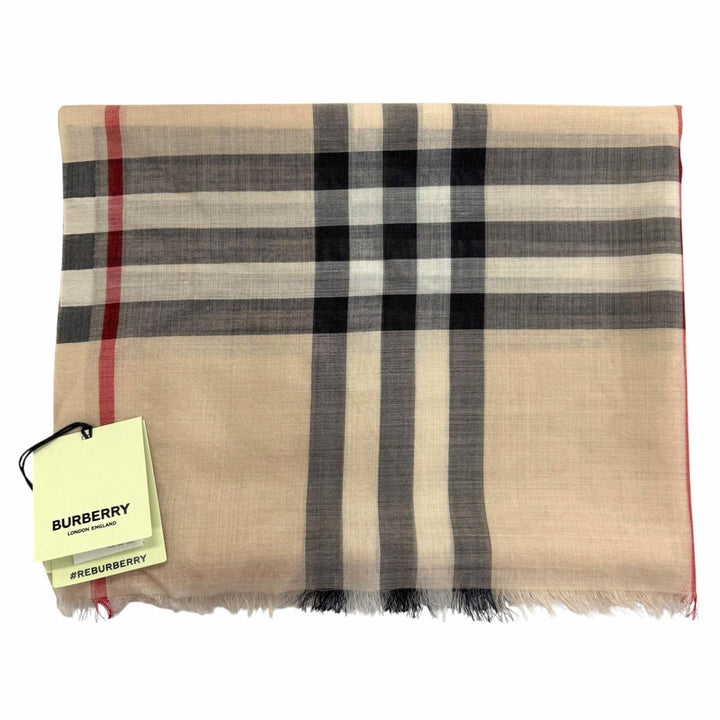 未使用品▼BURBERRY バーバリー 8055858 ウール シルク ワイド ノバチェック ストール スカーフ ベージュ 伊製 正規品 レディース 箱付