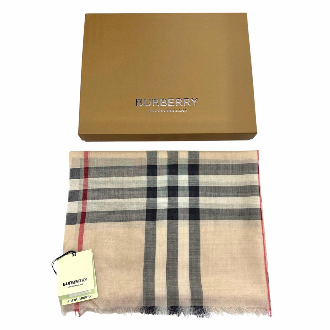 未使用品▼BURBERRY バーバリー 8055858 ウール シルク ワイド ノバチェック ストール スカーフ ベージュ 伊製 正規品 レディース 箱付