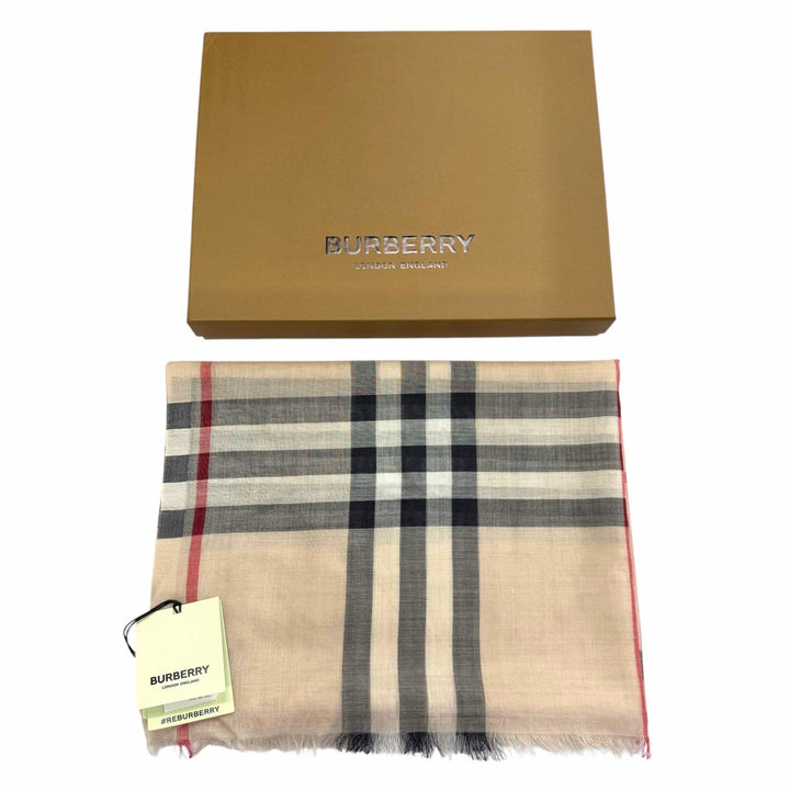 未使用品▼BURBERRY バーバリー 8055858 ウール シルク ワイド ノバチェック ストール スカーフ ベージュ 伊製 正規品 レディース 箱付