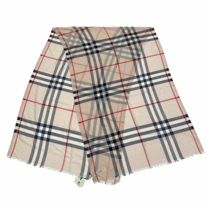 未使用品▼BURBERRY バーバリー 8055858 ウール シルク ワイド ノバチェック ストール スカーフ ベージュ 伊製 正規品 レディース 箱付
