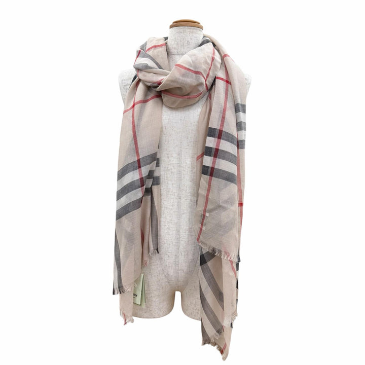 未使用品▼BURBERRY バーバリー 8055858 ウール シルク ワイド ノバチェック ストール スカーフ ベージュ 伊製 正規品 レディース 箱付