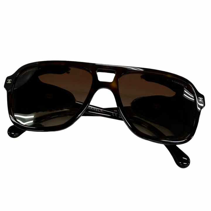 良品☆CHANEL シャネル 25N 71734A パイロット シェイプ サングラス レザー使い 現行品 ツーブリッジ ツイード ブラウン 定価198000円