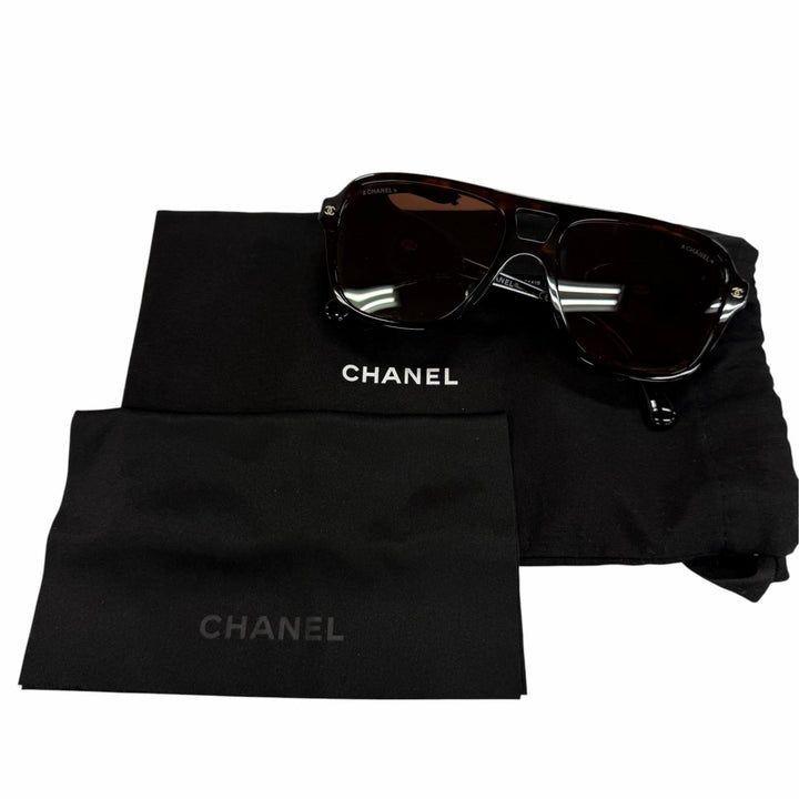 良品☆CHANEL シャネル 25N 71734A パイロット シェイプ サングラス レザー使い 現行品 ツーブリッジ ツイード ブラウン 定価198000円