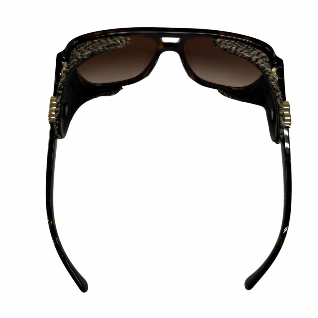 良品☆CHANEL シャネル 25N 71734A パイロット シェイプ サングラス レザー使い 現行品 ツーブリッジ ツイード ブラウン 定価198000円