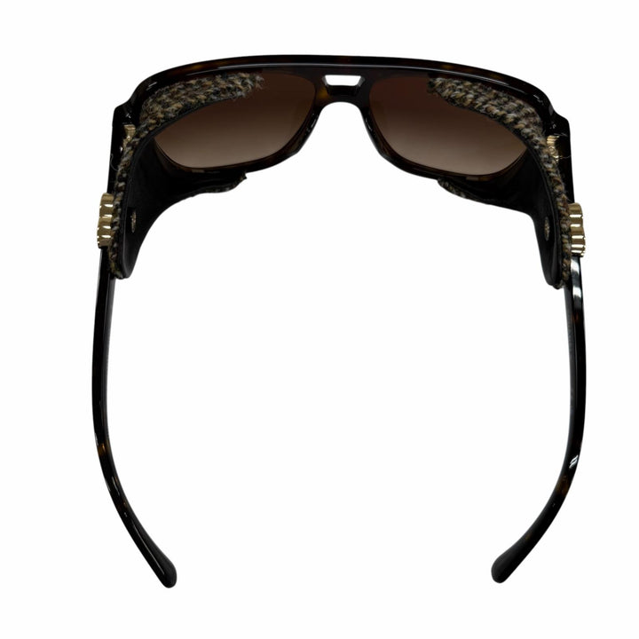 良品☆CHANEL シャネル 25N 71734A パイロット シェイプ サングラス レザー使い 現行品 ツーブリッジ ツイード ブラウン 定価198000円