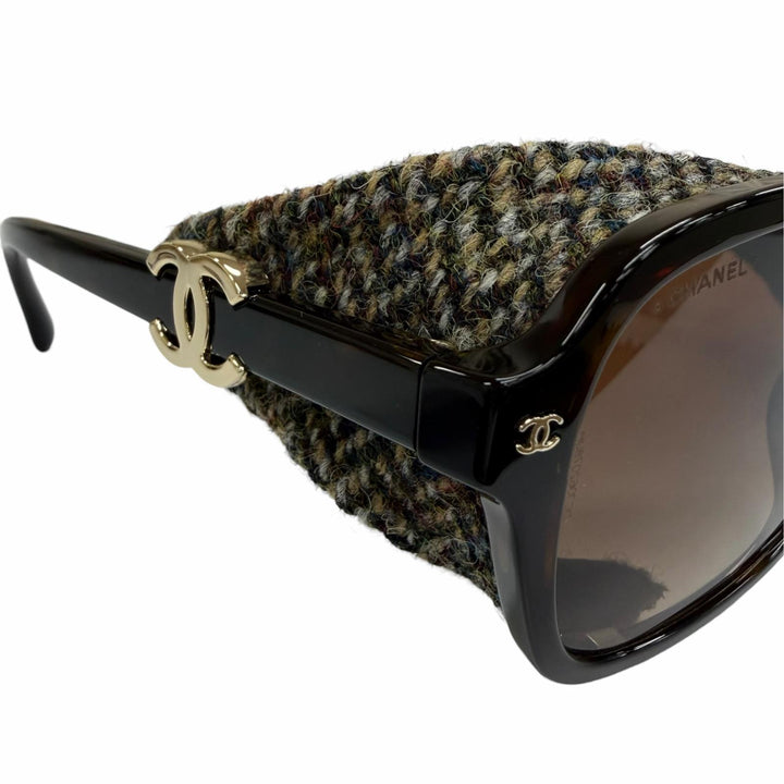 良品☆CHANEL シャネル 25N 71734A パイロット シェイプ サングラス レザー使い 現行品 ツーブリッジ ツイード ブラウン 定価198000円