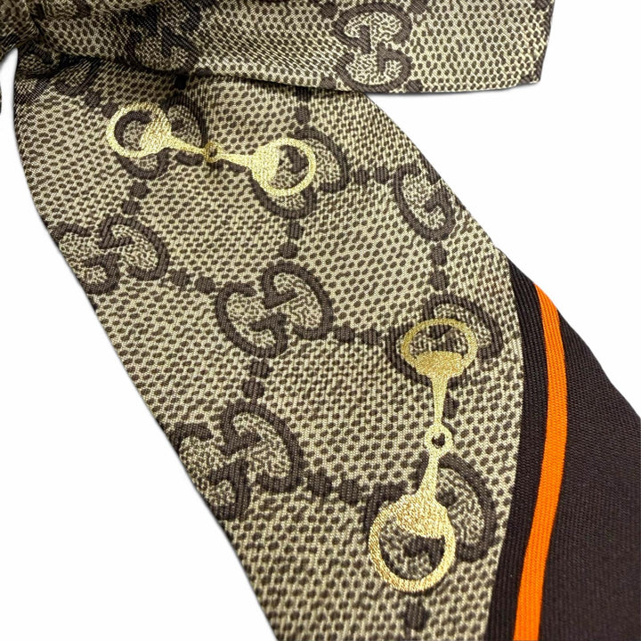 未使用品☆GUCCI グッチ 770292 シルク100％ GGパターン ホースビット リボン シュシュ ベージュ ゴールド イタリア製 レディース 箱付き