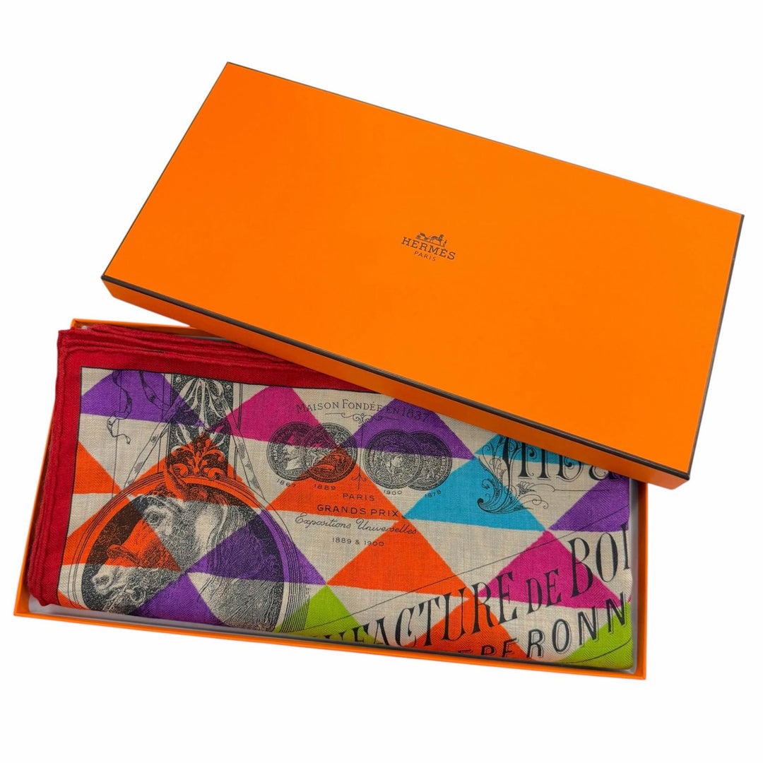 極美品▼HERMES エルメス カレジェアン MANUFACTURE DE BOUCLERIES バックルの工房 カシミヤ シルク スカーフ マルチカラー 仏製 箱付き