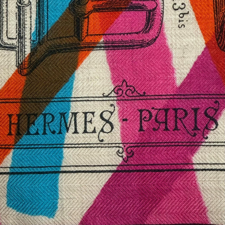 極美品▼HERMES エルメス カレジェアン MANUFACTURE DE BOUCLERIES バックルの工房 カシミヤ シルク スカーフ マルチカラー 仏製 箱付き