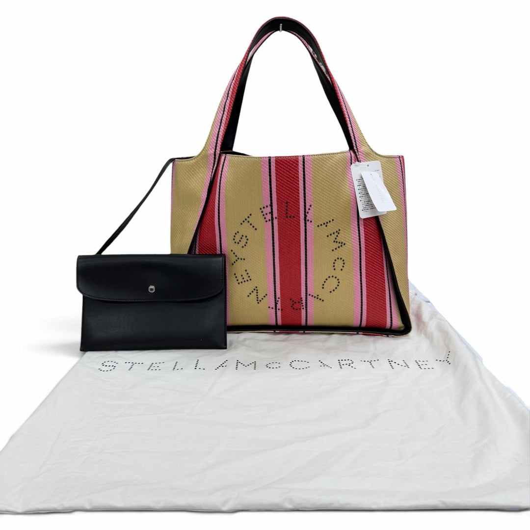 未使用品☆Stella McCartney ステラマッカートニー 502793WP0141 ポーチ付 サークルロゴ ストライプ ラフィア トートバッグ 保袋付