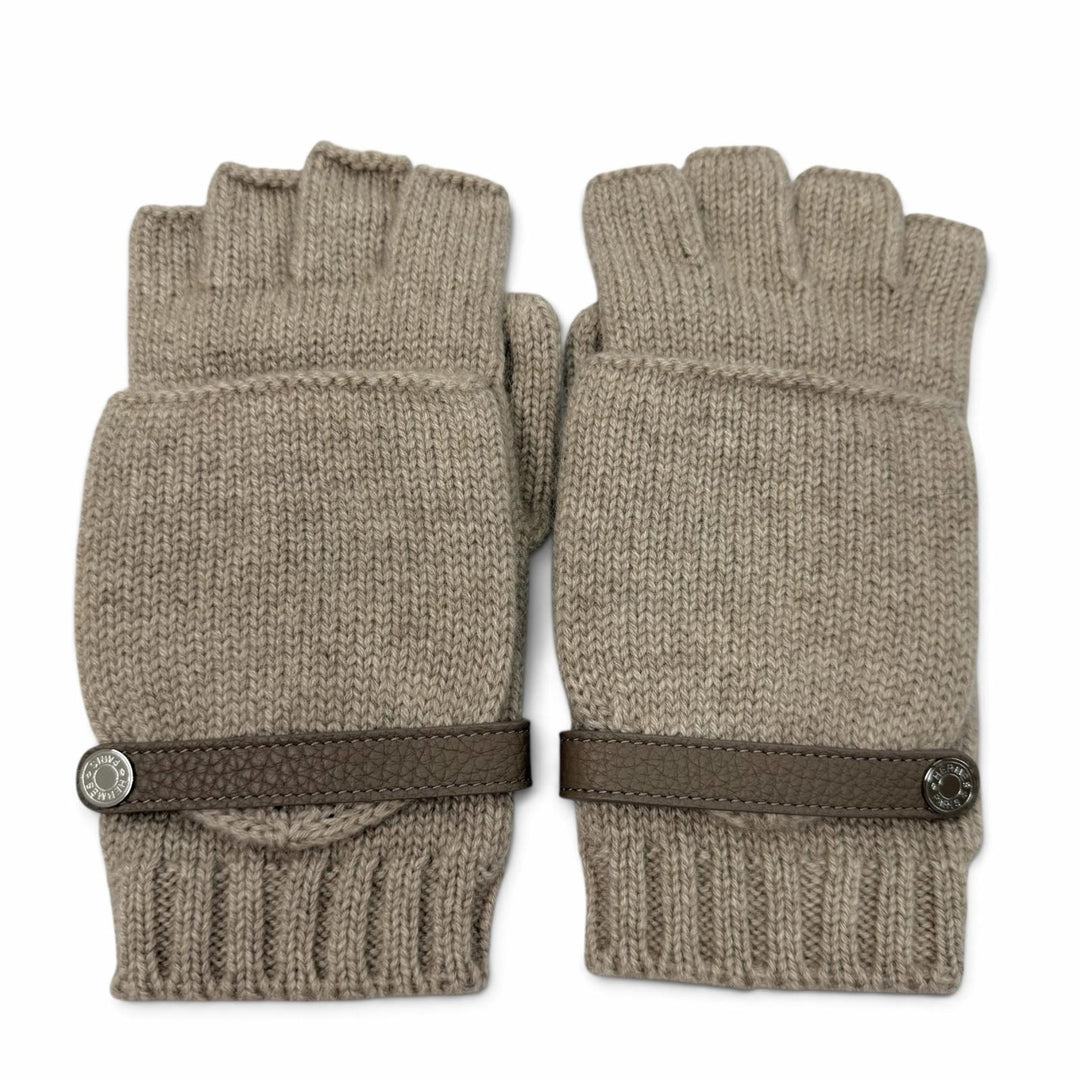 未使用品▼HERMES エルメス リオネル カシミヤ100% ディアスキン 2WAY クルー・ド・セル レザーストラップ ミトン ニットグローブ 手袋　