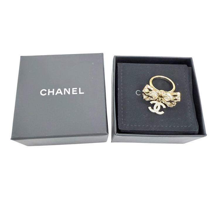 極美品☆CHANEL シャネル B24B ココマーク リボン ラインストーン リング 指輪 ゴールド JP12号相当 イタリア製 レディース 箱・保存袋付