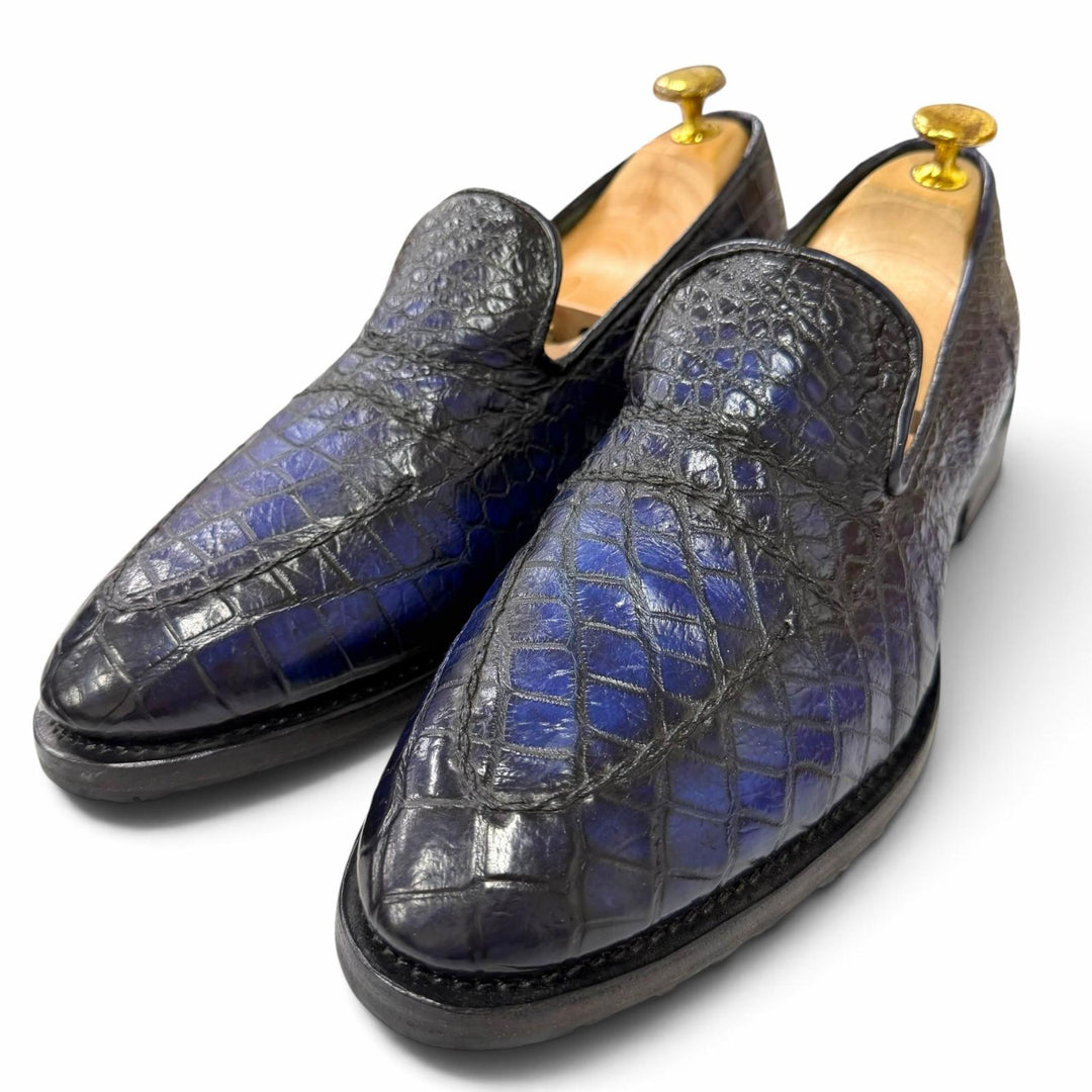 美品▼ZELE PARIS ゼルパリ クロコダイル Uチップ グッドイヤーウェルト レザーシューズ ローファー パープル 41 イタリア製 メンズ