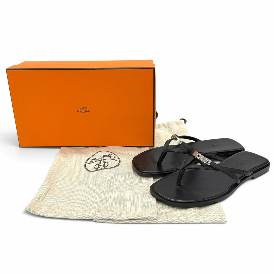 未使用品★HERMES エルメス サンダル ミス レザー シルバー金具 ケリーバックル ブラック 37 イタリア製 レディース 箱・保存袋付き
