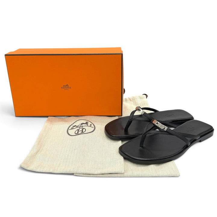 未使用品★HERMES エルメス サンダル ミス レザー シルバー金具 ケリーバックル ブラック 37 イタリア製 レディース 箱・保存袋付き