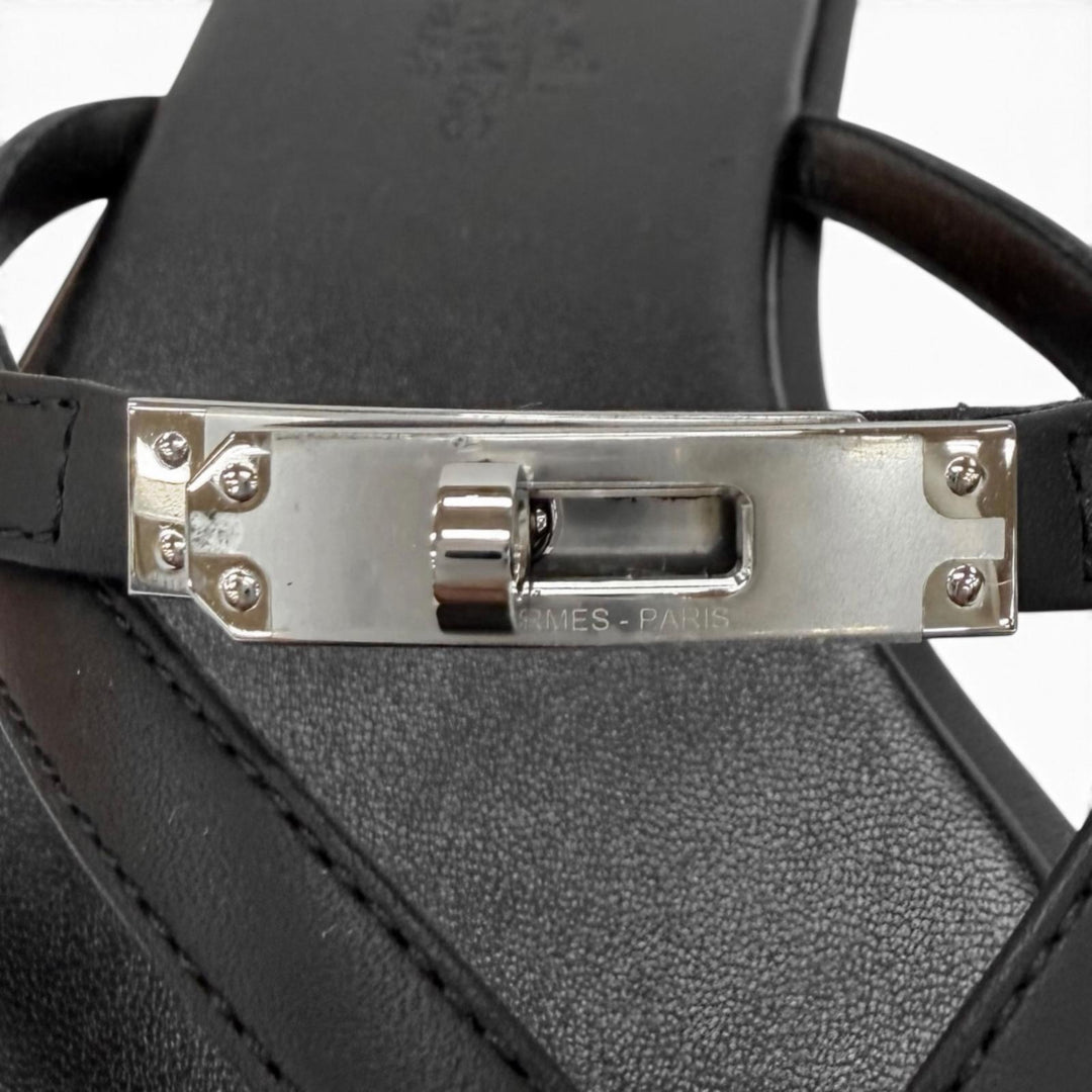 未使用品★HERMES エルメス サンダル ミス レザー シルバー金具 ケリーバックル ブラック 37 イタリア製 レディース 箱・保存袋付き