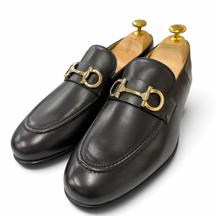 未使用品▼Salvatore Ferragamo サルヴァトーレフェラガモ GIN Uチップ ガンチーニ レザーシューズ ローファー ブラック ゴールド 6.5