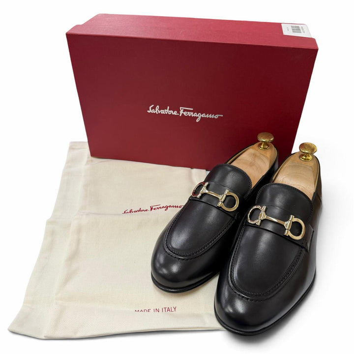 未使用品▼Salvatore Ferragamo サルヴァトーレフェラガモ GIN Uチップ ガンチーニ レザーシューズ ローファー ブラック ゴールド 6.5