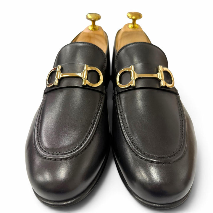 未使用品▼Salvatore Ferragamo サルヴァトーレフェラガモ GIN Uチップ ガンチーニ レザーシューズ ローファー ブラック ゴールド 6.5