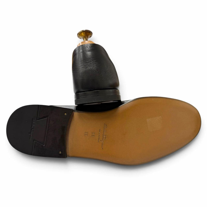 未使用品▼Salvatore Ferragamo サルヴァトーレフェラガモ GIN Uチップ ガンチーニ レザーシューズ ローファー ブラック ゴールド 6.5