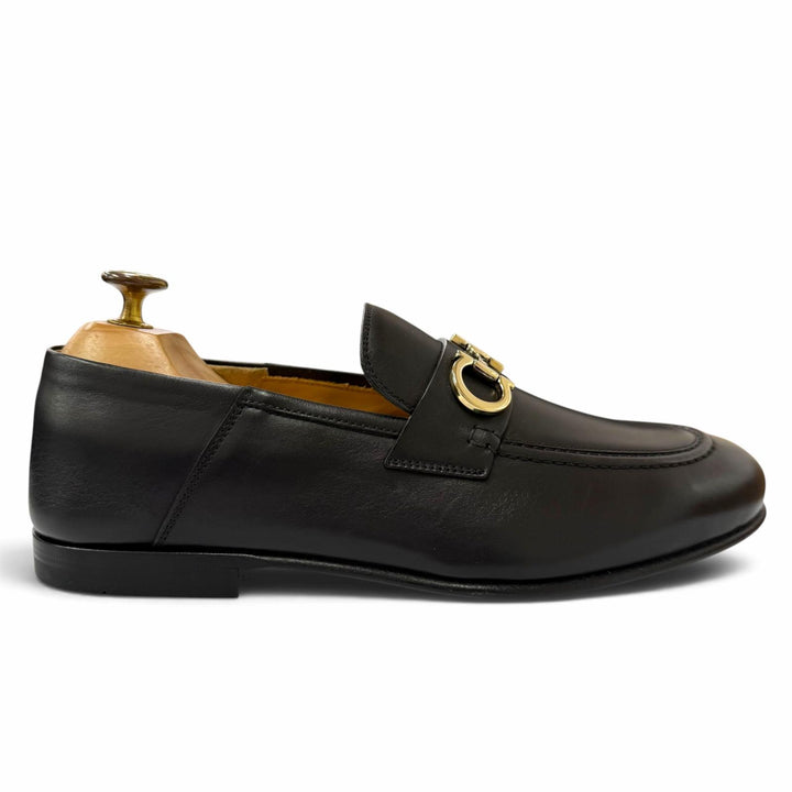 未使用品▼Salvatore Ferragamo サルヴァトーレフェラガモ GIN Uチップ ガンチーニ レザーシューズ ローファー ブラック ゴールド 6.5